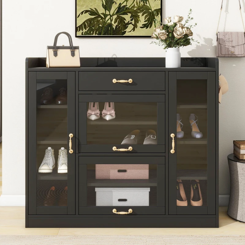 Vinsetto Modernist Side Storage Cabinets with 4 Glass Doors & 3 Hooks, Freestanding Shoe Rack with Adjustable Shelves, Gold Handles, Black