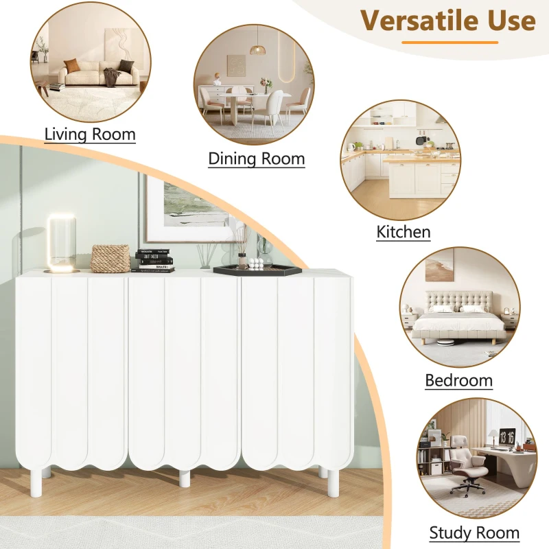 Minimalist Storage Shoe Cabinet with Adjustable Shelves, Solid Wood Legs, and Wave Doors, 47" L x 13.5" W x 31.5" H, White