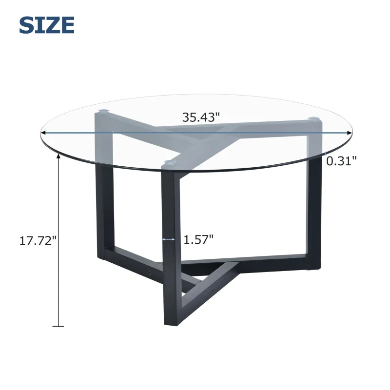 Round Coffee Table with Tempered Glass Top and Sturdy Wood Base, Modern Cocktail Table, Easy Assembly, 35.5" L x 35.5" W x 17.5" H, Black