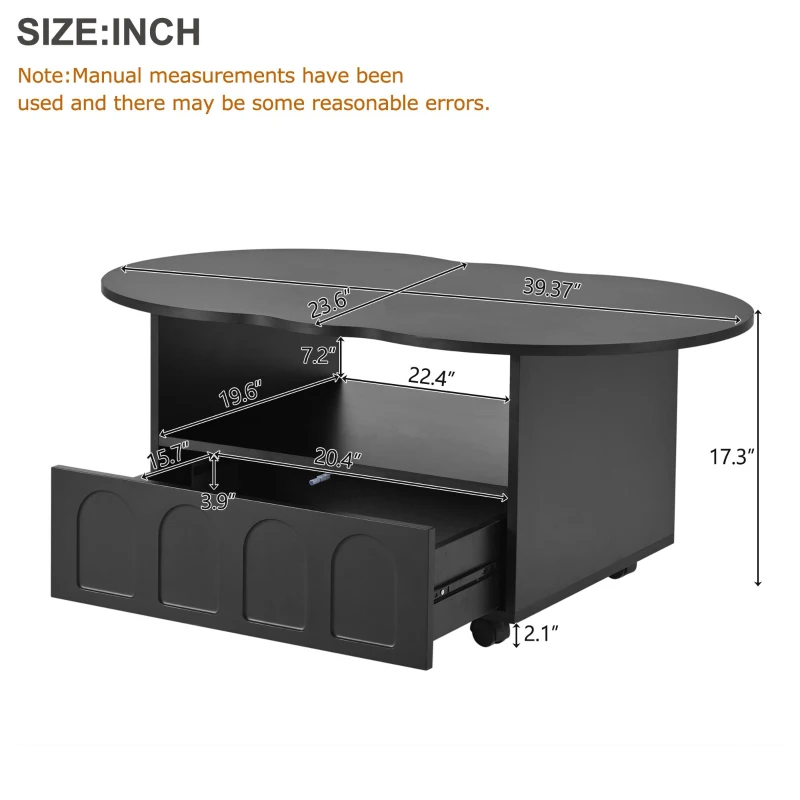 Vinsetto Coffee Table with Cloud Top, 2 Brake Wheels, Drawer, and Large Storage, 39.5" L x 23.5" W x 17.5" H, Black