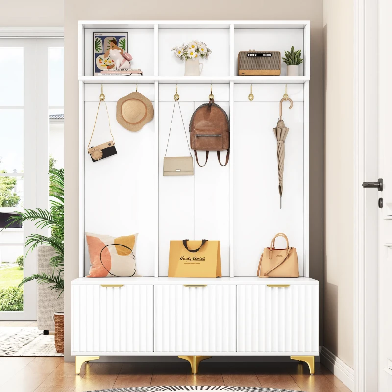 Modern Hall Tree with Bench, High Gloss Fluted Doors, 6 Gold Hooks, and Storage Cubbies, 49.5" L x 15.5" W x 75.5" H, White+Gold