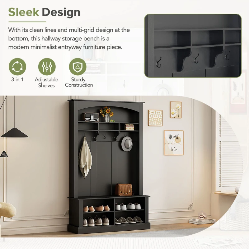 47.5'' Wide Hall Tree with Shoe Storage, 3 Hanging Hooks, Adjustable Shelves, and Multi-Functional Design, 47.5" L x 16" W x 75.5" H, Black
