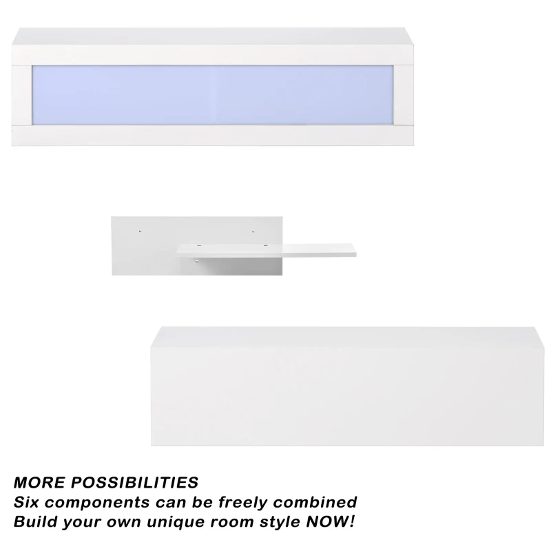 Vinsetto Wall Mount Floating TV Stand with 4 Media Storage Cabinets, 2 Shelves, and 16-Color RGB LED Lights for 95+" TV, White