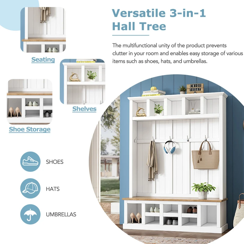 Vinsetto Wooden Entryway Hall Tree with Storage Bench, 6 Hooks, Shoe Cabinet with 13 Compartments, Elegant Coat Rack, 59" L x 18" W x 79" H, White