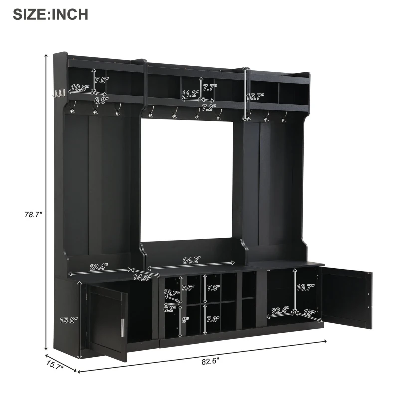 Vinsetto 4-in-1 Wide Storage Hall Tree with Bench and Shoe Cubbies, Multi-functional Entryway Coat Rack, 82.5" L x 15.5" W x 78.5" H, Black