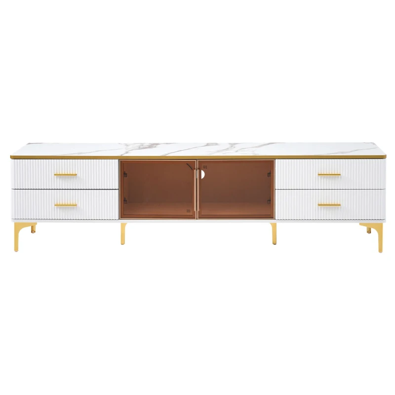 Vinsetto Stylish LED TV Stand with Marble-Veined Table Top, Brown Glass Storage Cabinet, Golden Legs & Handles, Fits TVs Up to 78", Gold+White