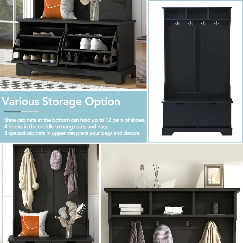 Vinsetto All in One Hall Tree with 3 Top Shelves and 2 Flip Shoe Storage Drawers, Wood Hallway Organizer with Metal Hanging Hooks, Black