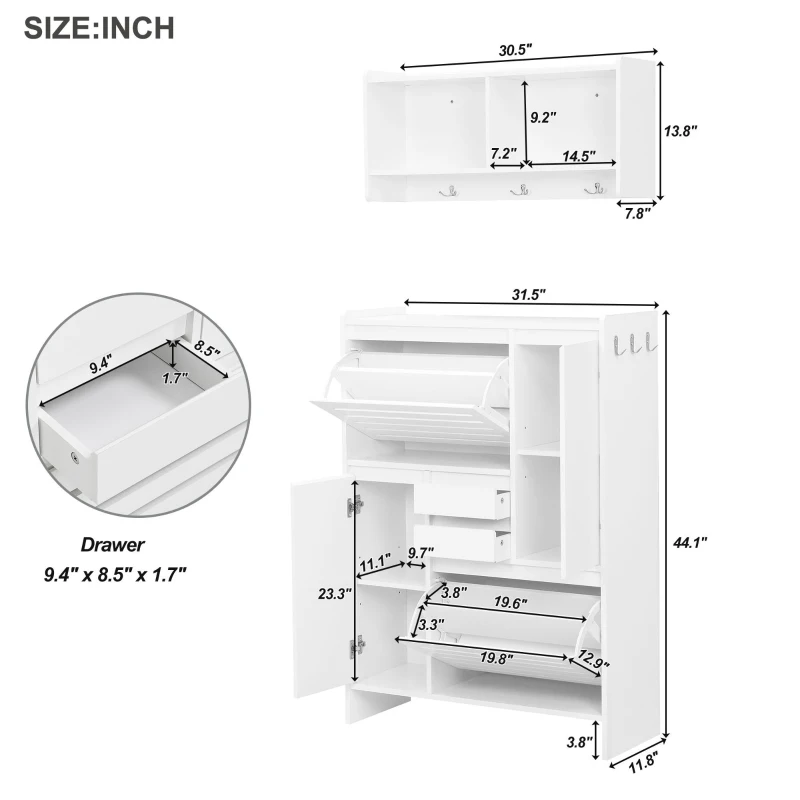 Vinsetto Multi-Functional Shoe Cabinet with Wall Cabinet, Space-Saving Design, 2 Flip Drawers, Versatile Side Cabinet for Hallway, White