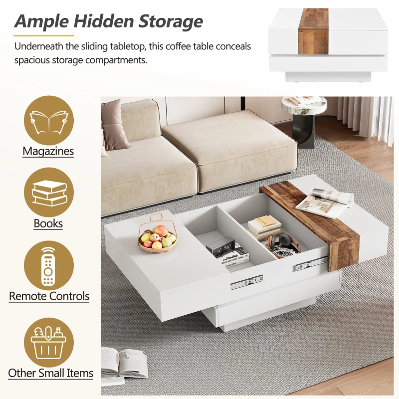 Vinsetto 31.5'' Square Coffee Table with Sliding Tabletop, High Gloss Finish, Hidden Storage Compartment, Extendable to 45.5'', White
