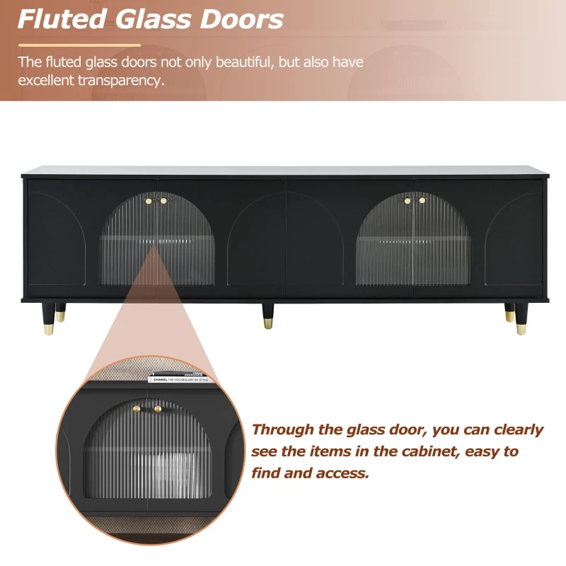 Contemporary TV Stand with Adjustable Shelves for TVs Up to 78", Media Console with Gold Handles and Fluted Glass Doors, Black