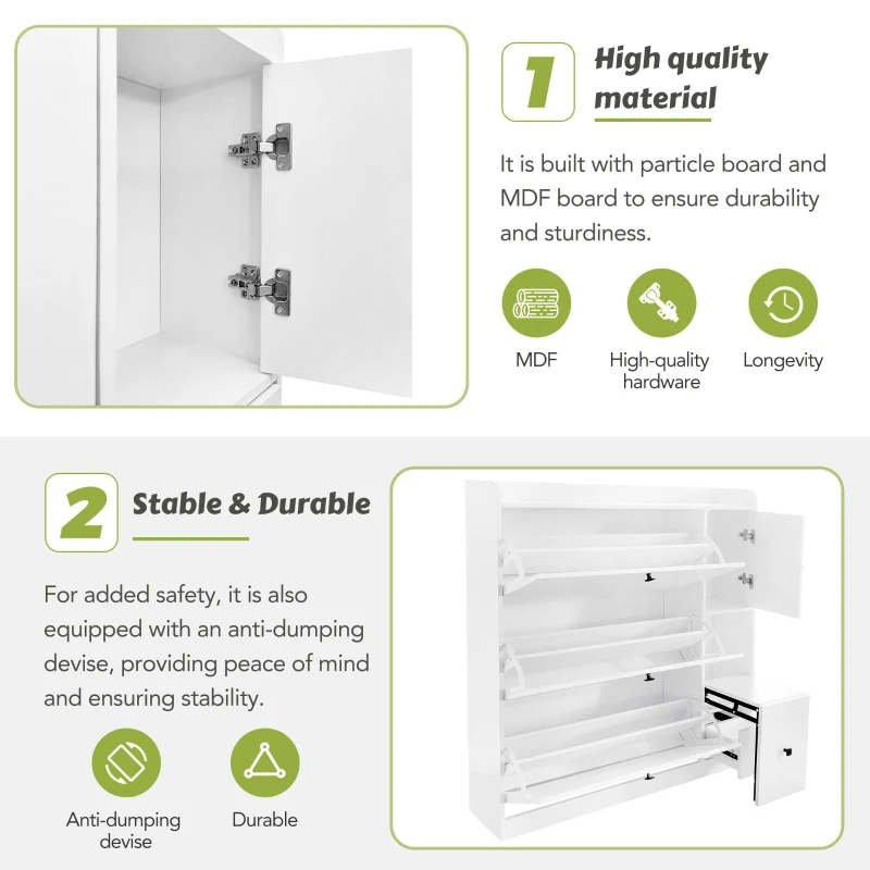 Vinsetto Versatile Shoe Cabinet with 3 Flip Drawers, Pull-Down Seat, and Adjustable Shelves, 47" L x 9.5" W x 47.5" H, White
