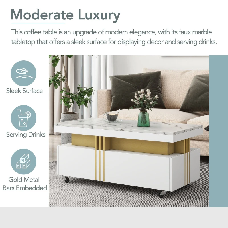 Vinsetto Contemporary Coffee Table with Faux Marble Top, Rectangle Cocktail Table with Caster Wheels and Two Drawers, 39.5" L x 20" W x 17.5" H, White