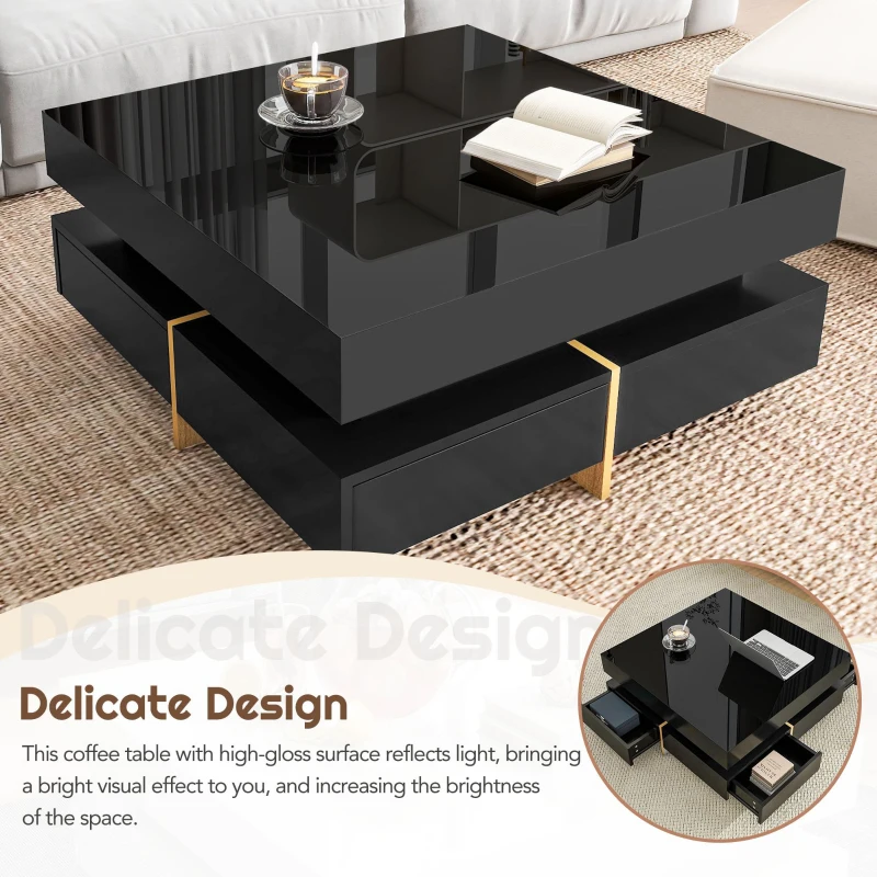 Vinsetto Modern High Gloss Coffee Table with 4 Drawers, Multi-Storage Square Cocktail Tea Table with Wood Grain Legs, 31.5''x31.5'', Black