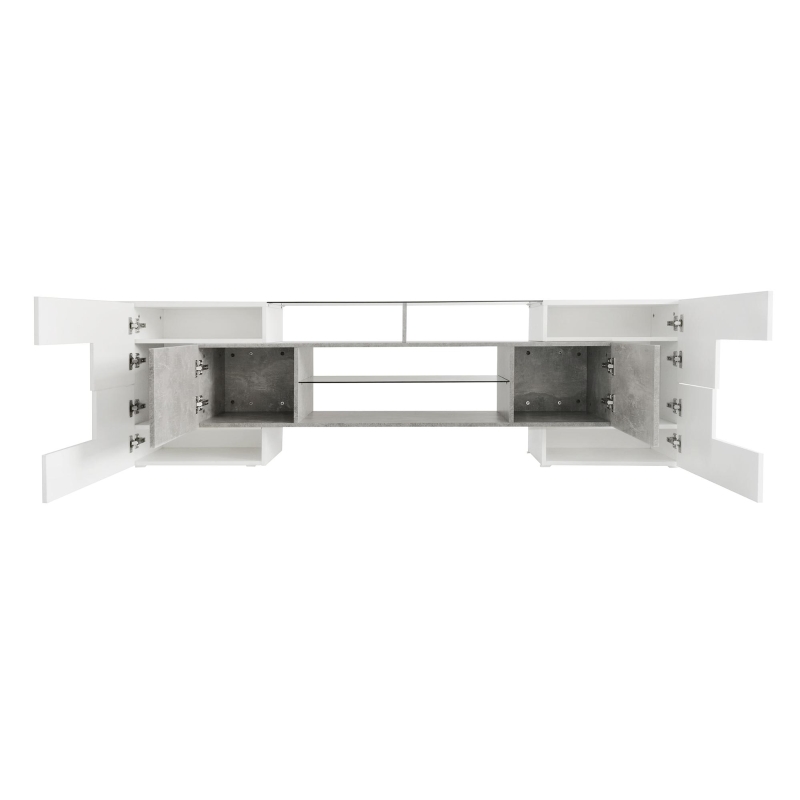 Unique Shape TV Stand for TVs Up to 88" with 2 Illuminated Glass Shelves, High Gloss Entertainment Center, LED Color Changing Lights, Gray