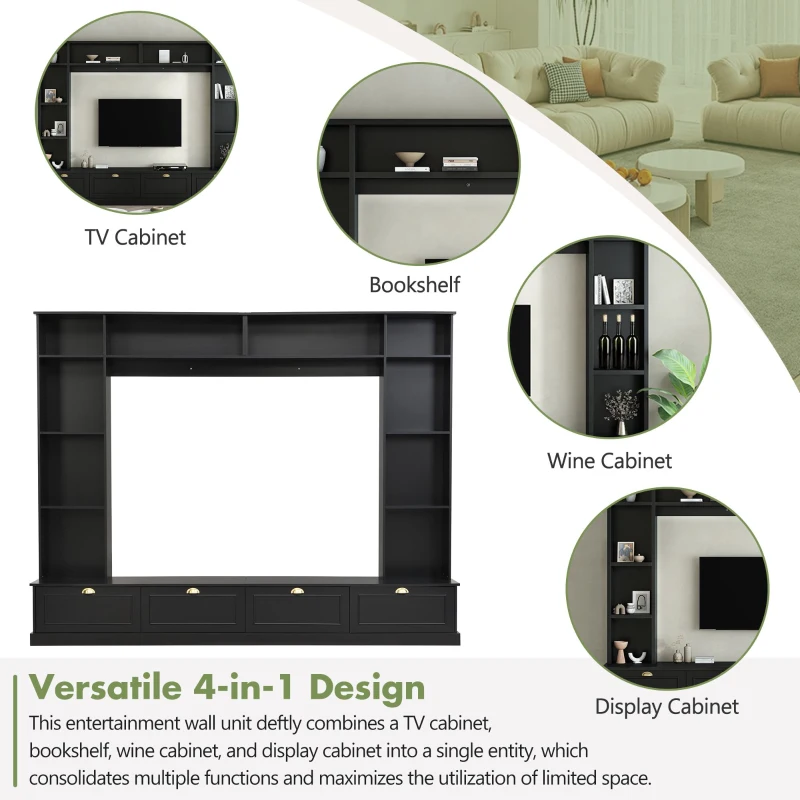 Modern Large Wall Unit Entertainment Center with Bookshelves for TVs Up to 78", 4-in-1 TV Stand with Cabinets, Open Shelves, Black