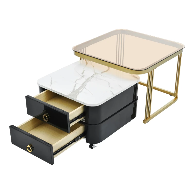 2-in-1 Square Nesting Coffee Table with Wheels & Drawers, High Gloss Marble Grain Top, Tempered Glass, 29" L x 27" W x 16" H, Black+Gold