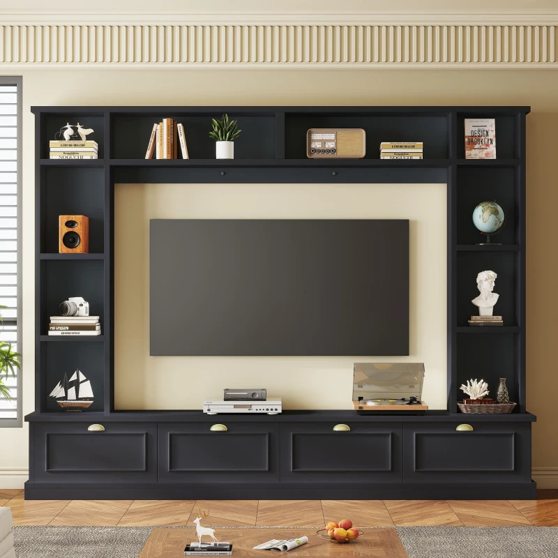 Modern Large Wall Unit Entertainment Center with Bookshelves for TVs Up to 78", 4-in-1 TV Stand with Cabinets, Open Shelves, Black