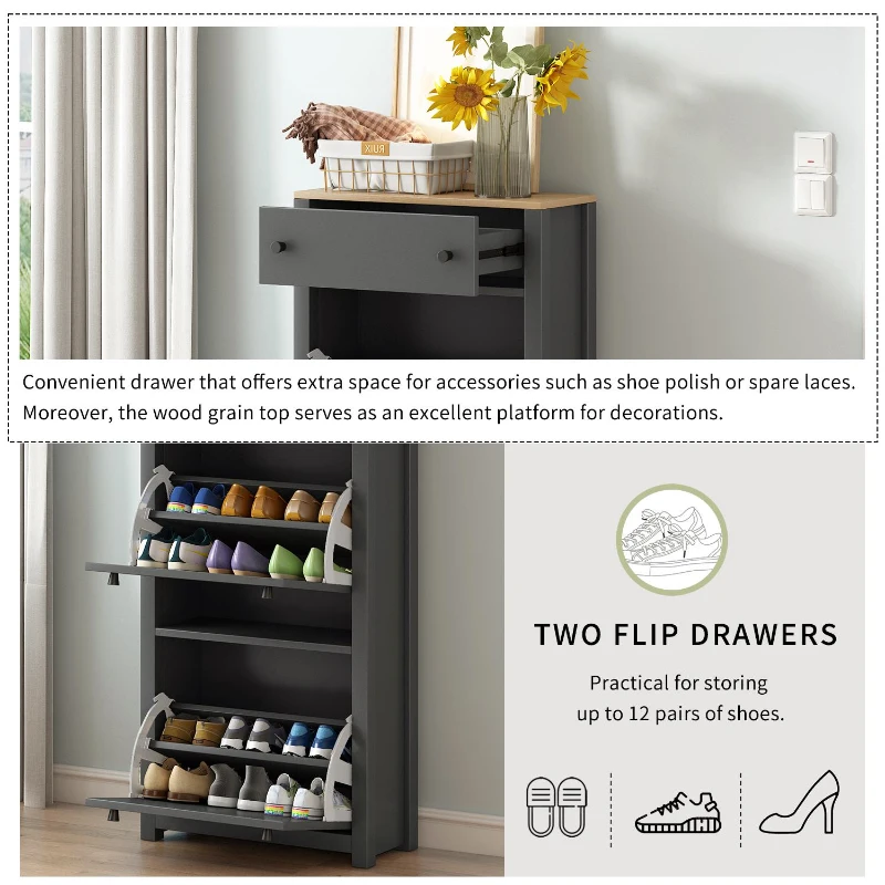 Functional Shoe Cabinet with 2 Flip Drawers, Wood Shoe Cabinet with Adjustable Panel, Freestanding Shoe Rack for Hallway, Gray