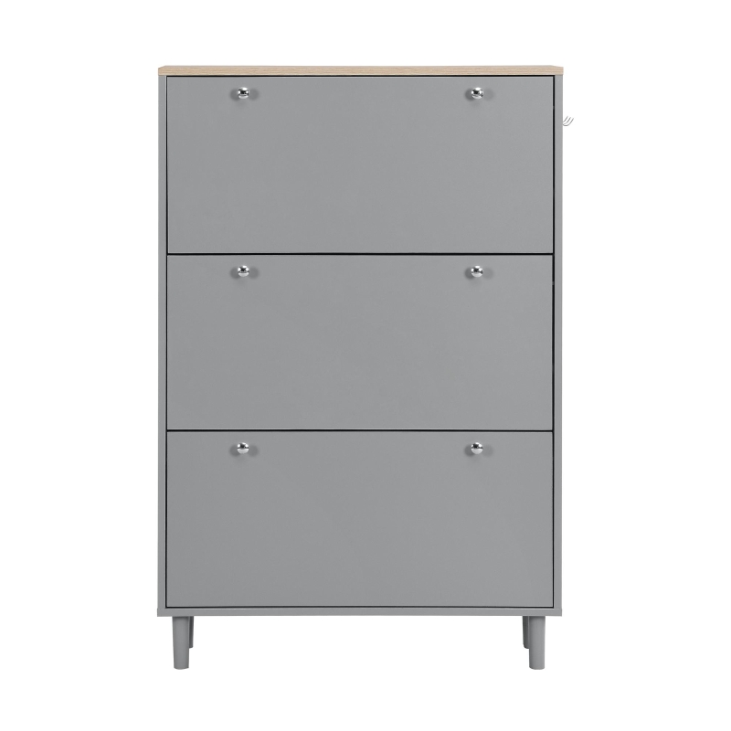 Vinsetto Narrow Design Shoe Cabinet with 3 Flip Drawers, Wood Grain Top, Adjustable Shelves, and Hooks, 31.5" L x 9.5" W x 48" H, Grey