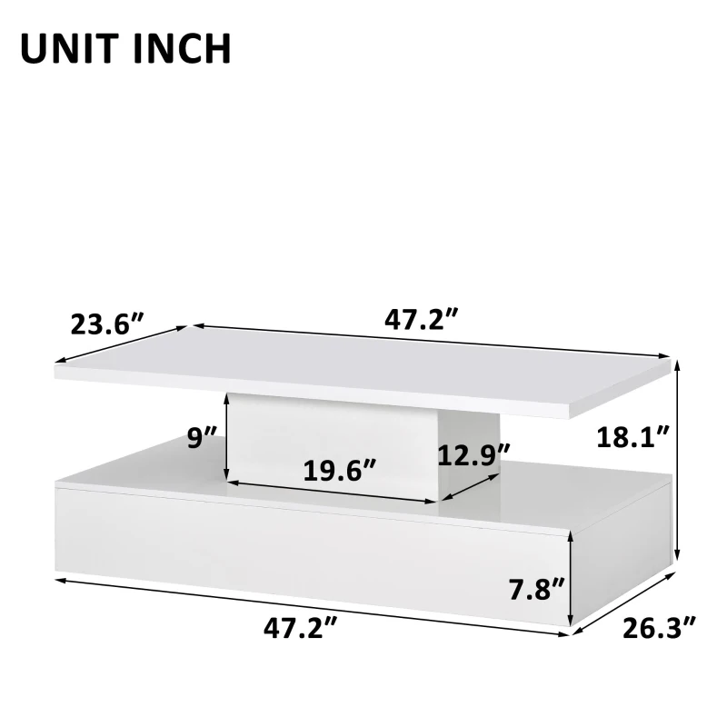 Vinsetto Modern Industrial Design Coffee Table with LED Lighting, 16 Colors with Remote Control, Easy Assembly, 47" L x 23.5" W x 18" H, White