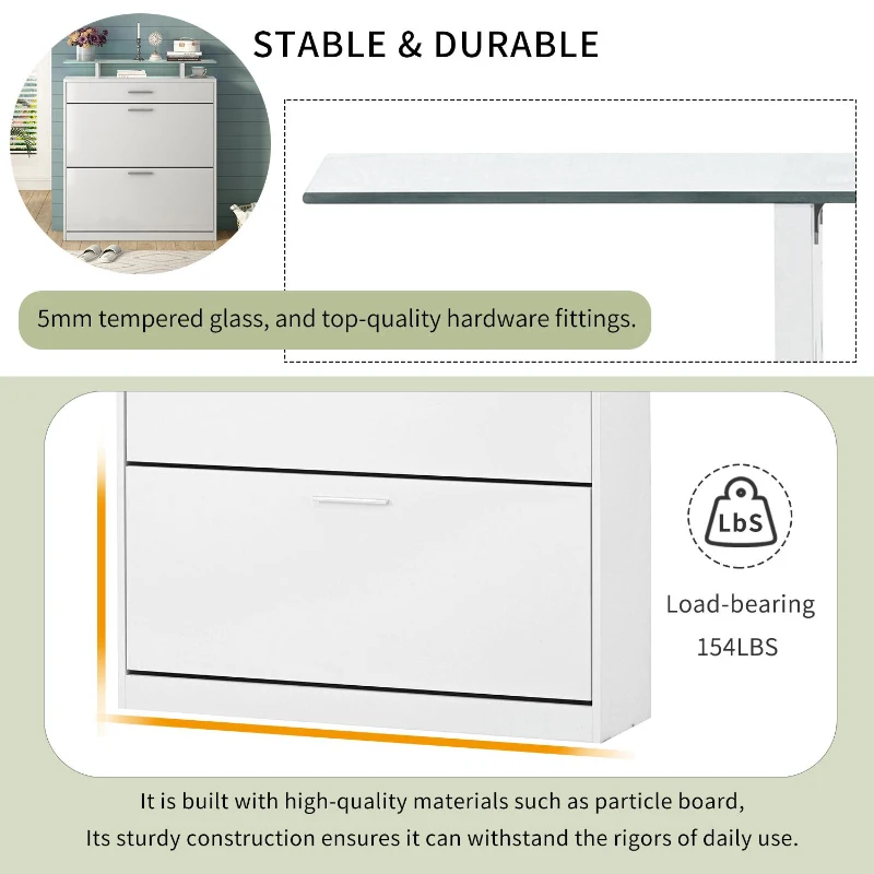 Shoe Cabinet with 2 Flip Drawers and Adjustable Shoe Storage, Tempered Glass Top, LED Light, 35" L x 9.5" W x 41" H, White