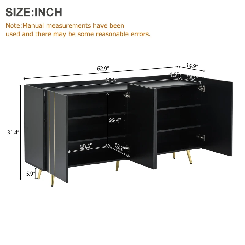 Storage Shoe Cabinet with 5 Metal Legs, Gold Lines Doors, Minimalist Sideboard Cabinet, Modern TV Stand, 63" L x 15" W x 31.5" H, Black
