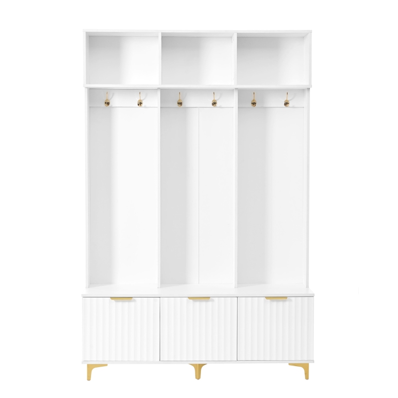 Modern Hall Tree with Bench, High Gloss Fluted Doors, 6 Gold Hooks, and Storage Cubbies, 49.5" L x 15.5" W x 75.5" H, White+Gold