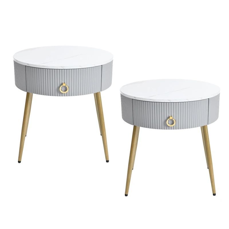 Set of 2 Modern End Tables with Storage, Faux Marble Tabletops, Fluted Panels, and Golden Legs, 19.5" L x 19.5" W x 20.5" H, Grey+Gold