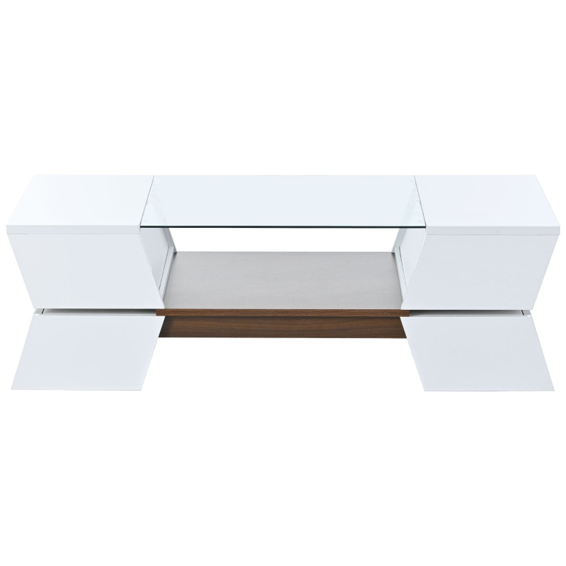 Glass-Top Coffee Table with Open Shelves and Cabinets, Geometric Style, 2-Tier Center Table for Living Room, 45" L x 22" W x 15" H, White