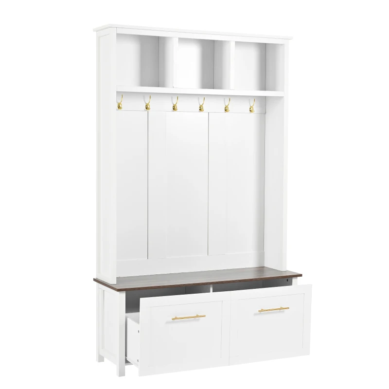 Vinsetto Versatile 4-in-1 Hall Tree with 6 Hooks, Wood Grain Bench, Multiple Storage, and 2 Drawers, 47" L x 15.5" W x 76.5" H, White