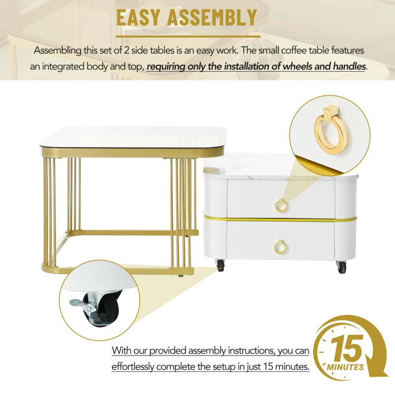 2-in-1 Square Nesting Coffee Table with Wheels & Drawers, High Gloss Marble Grain Top, Tempered Glass, 29" L x 27" W x 16" H, White+Gold