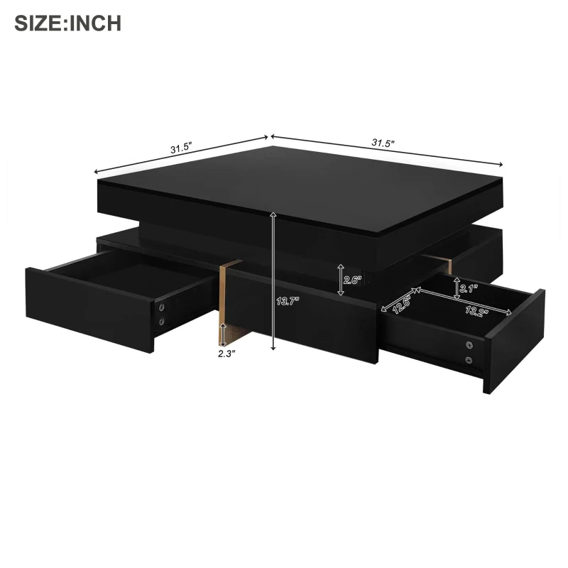 Vinsetto Modern High Gloss Coffee Table with 4 Drawers, Multi-Storage Square Cocktail Tea Table with Wood Grain Legs, 31.5''x31.5'', Black