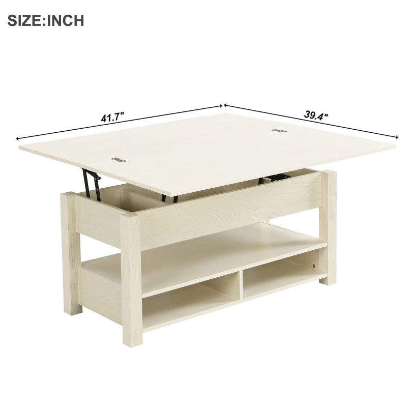 Vinsetto Lift Top Coffee Table with Multi-Functional Open Shelves, Modern Lift Tabletop Dining Table for Living Room, 42" L x 40" W x 25.5" H, Ivory