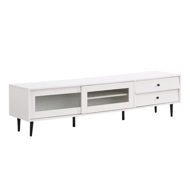 Vinsetto Chic Elegant Design TV Stand with Sliding Fluted Glass Doors, Slanted Drawers Media Console for TVs Up to 75", TV Cabinet with Storage Space, White