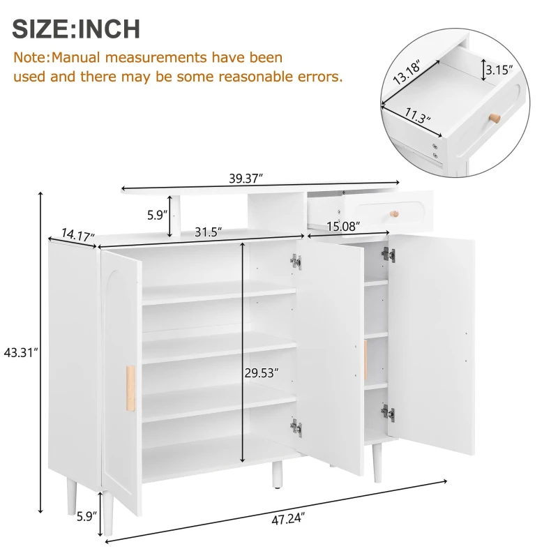 Elegant Shoe Cabinet with Arched Doors and Drawer, Adjustable Shelves, Solid Wood Legs, 47.5" L x 14.5" W x 43.5" H, White