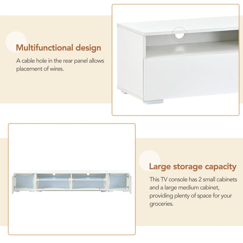 Vinsetto Modern TV Stand Fits TVs Up to 90" with Push to Open Doors, LED Lights, Rattan Style Entertainment Center, 82.5" L x 15.5" W x 14" H, White