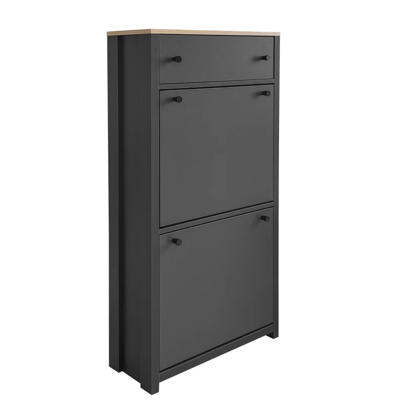 Modern Slim Shoe Cabinet Set with 4 Flip Drawers, Wood Grain Pattern Top, Adjustable Panels, Shoe Rack for Hallway, Gray