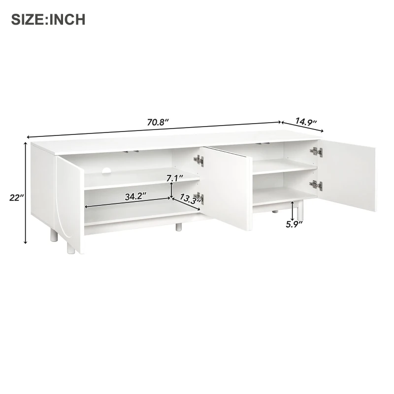 Graceful TV Stand with Arch Cabinets for TVs Up to 78", Minimalist Entertainment Center with Adjustable Shelves and Cable Management, White