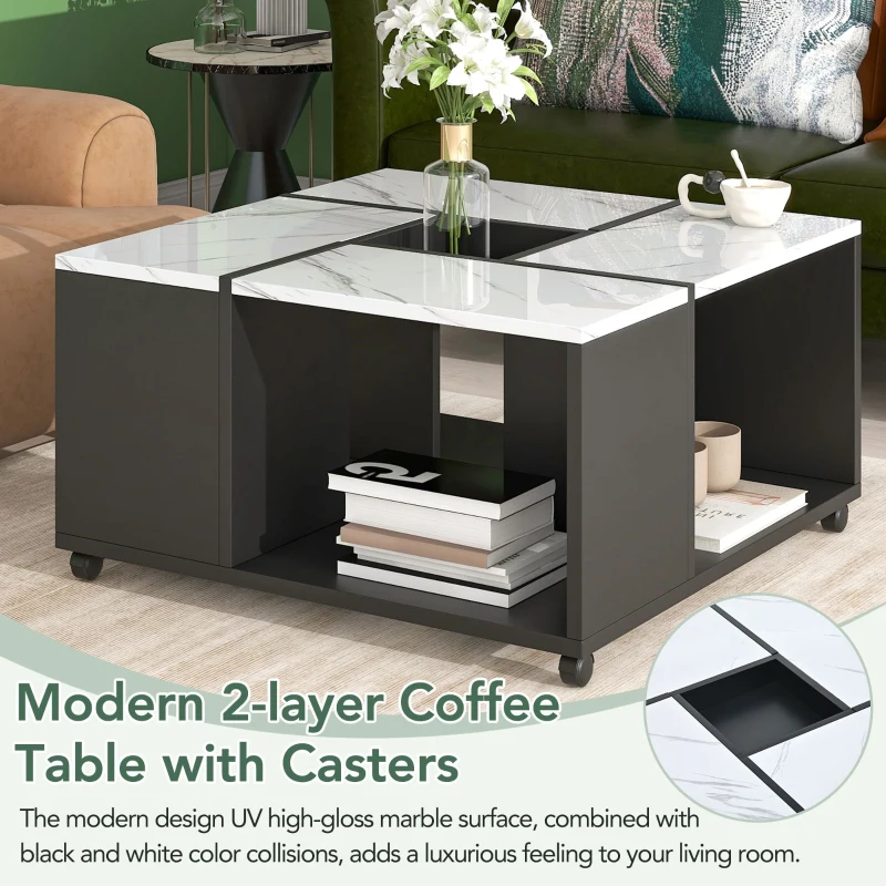 Vinsetto Modern 2-Layer Coffee Table with Casters and Removable Tray, Square Cocktail Table with UV High-Gloss Marble Design, White+Black