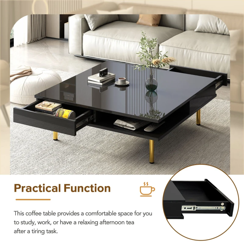 Exquisite High Gloss Coffee Table with 4 Golden Legs, 2 Small Drawers, and 2-Tier Square Center Table for Living Room, Black