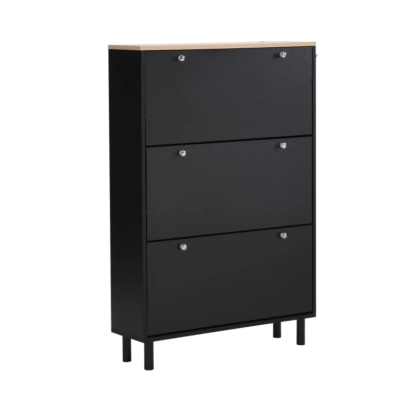 Vinsetto Narrow Design Shoe Cabinet with 3 Flip Drawers, Wood Grain Top, Adjustable Shelves, and 3 Hooks, 31.5" L x 9.5" W x 48" H, Black