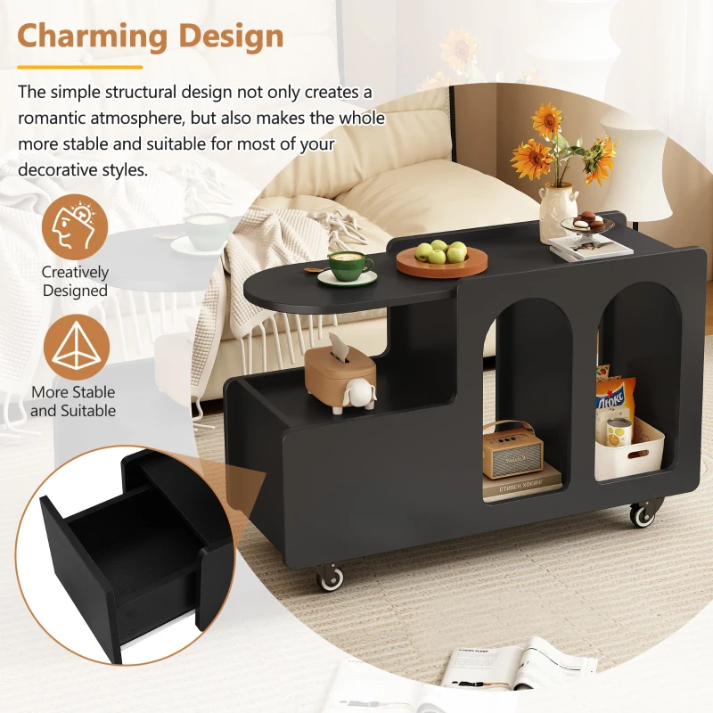 Mobile Multi-Layer Storage End Table with Lockable Wheels, Cream Style Side Table, 12" Narrow Nightstand, 31.5" L x 12" W x 21.5" H, Black