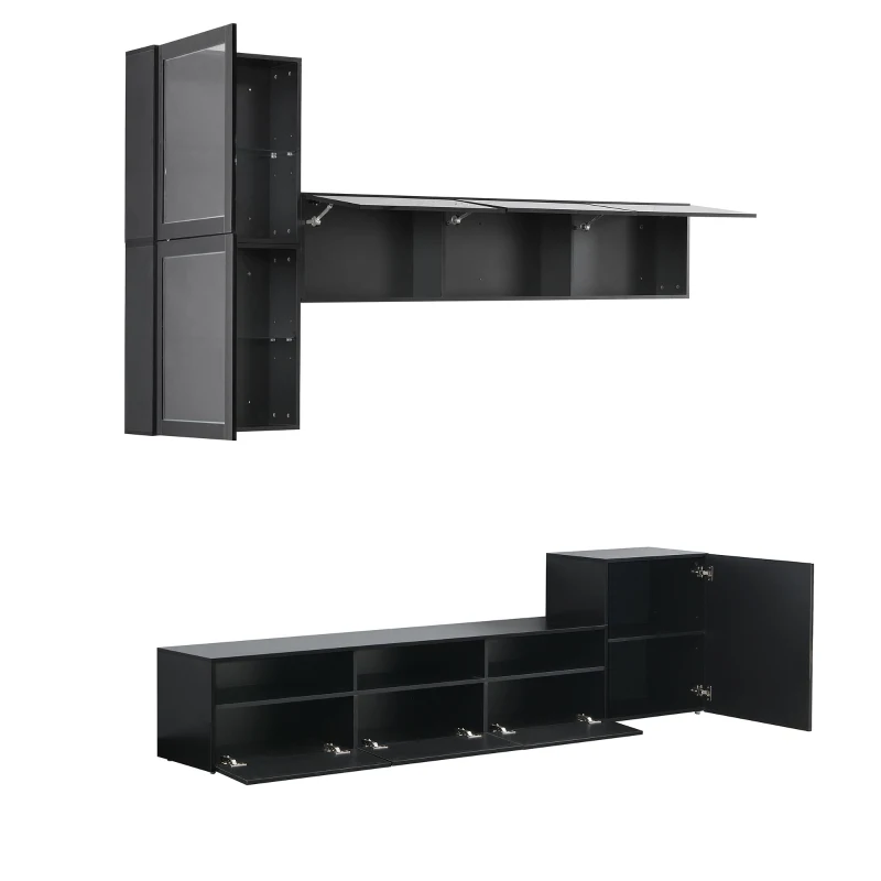 High Gloss TV Stand for TVs Up to 78" with Ample Storage, Media Console, Wall Mounted Floating Cabinets, 93" L x 15" W x 26" H, Black