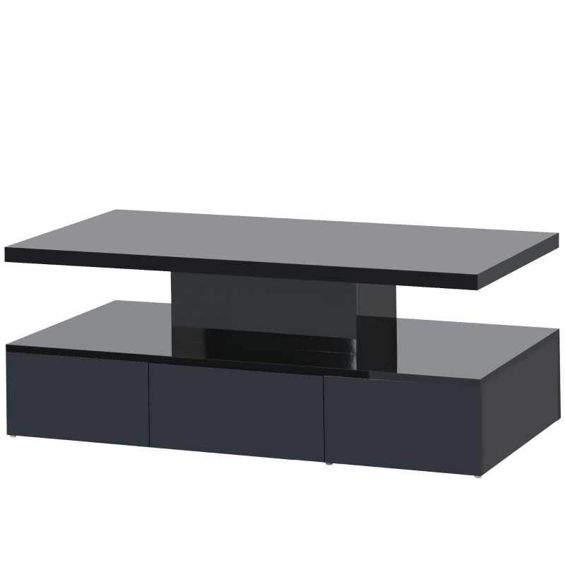 Vinsetto Modern Glossy 2-Tier Rectangle Coffee Table with Drawer, LED Lighting, Center Table for Living Room, 39.5" L x 19.5" W x 15.5" H, Black