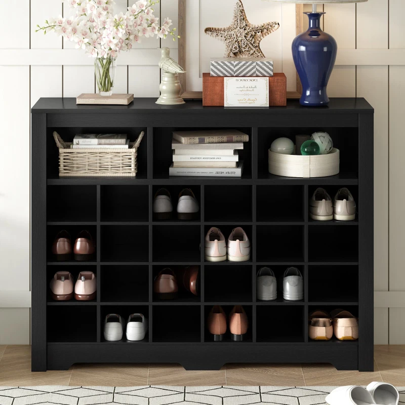 Modern 24-Cubby Shoe Cabinet, Sleek Design with Curved Base, Versatile Sideboard for Hallway, Bedroom, Living Room, Black