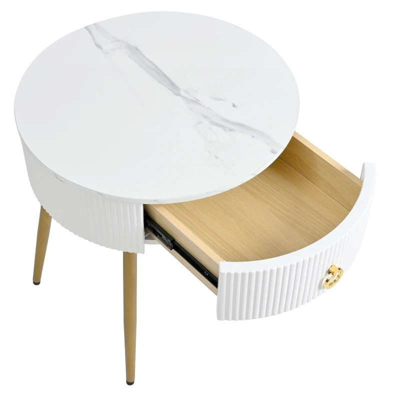 Vinsetto Set of 2 Modern End Tables with Storage, Faux Marble Tabletops, Fluted Panels, and Golden Legs, 19.5" L x 19.5" W x 20.5" H, White+Gold