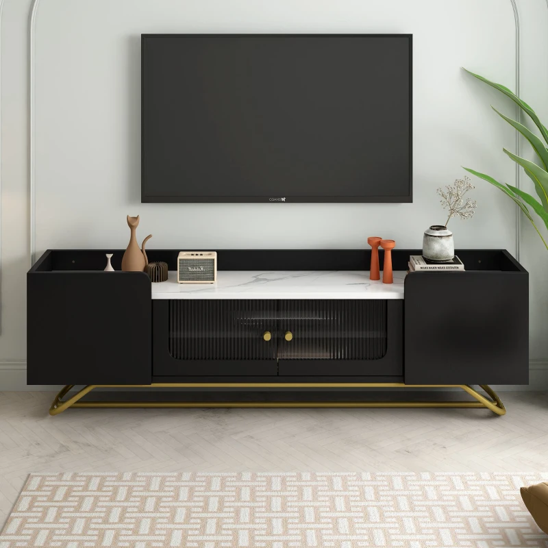 Vinsetto Sleek Design TV Stand with Fluted Glass, Faux Marble Top, and Gold Frame Base, Fits TVs Up to 70", 63.5" L x 12.5" W x 19" H, Black
