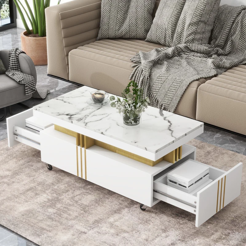 Vinsetto Contemporary Coffee Table with Faux Marble Top, Rectangle Cocktail Table with Caster Wheels and Two Drawers, 39.5" L x 20" W x 17.5" H, White