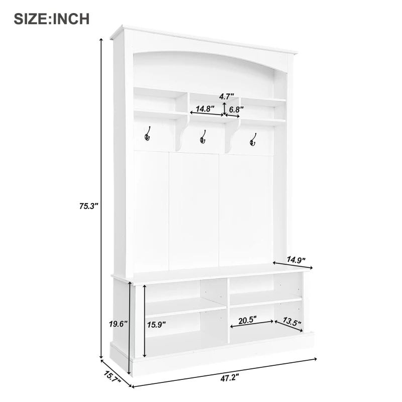 47.5'' Wide Hall Tree with Shoe Storage, 3 Hanging Hooks, Adjustable Shelves, and Multi-Functional Design for Hallway, White