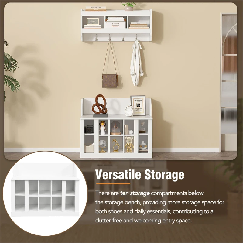 Shoe Cabinet Storage with Shelves and 4 Hooks, Elegant Hall Tree with Wall Mounted Coat Rack, Entryway Organizer for Hallway, Mudroom, White